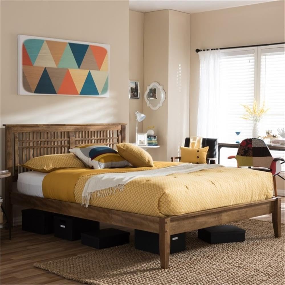 BOWERY HILL Queen Platform Bed, 40.95" H x 63.38" W x 83.85" D, Solid Hardwood, Walnut Finish, Trapezium-Shaped Slatted Headboard, Tapered Legs, Modern Design, Indoor Bedroom Furniture
