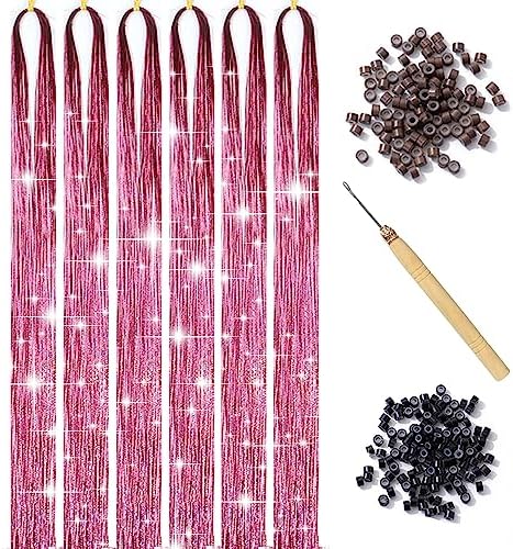 Hair Tinsel Kit with Tool 6pcs 1200 Strands Hair Tinsel Heat Resistant Tinsel Hair Extensions Sparkling Shiny Glitter Fairy Hair for Women Girls Kids (Pink)