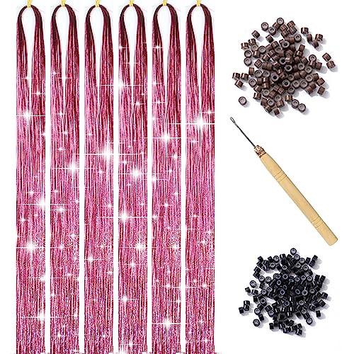 Hair Tinsel Kit With Tool 6Pcs 1200 Strands Hair Tinsel Heat Resistant Tinsel Hair Extensions Sparkling Shiny Glitter Fairy Hair For Women Girls Kids (Pink) #TOP20
