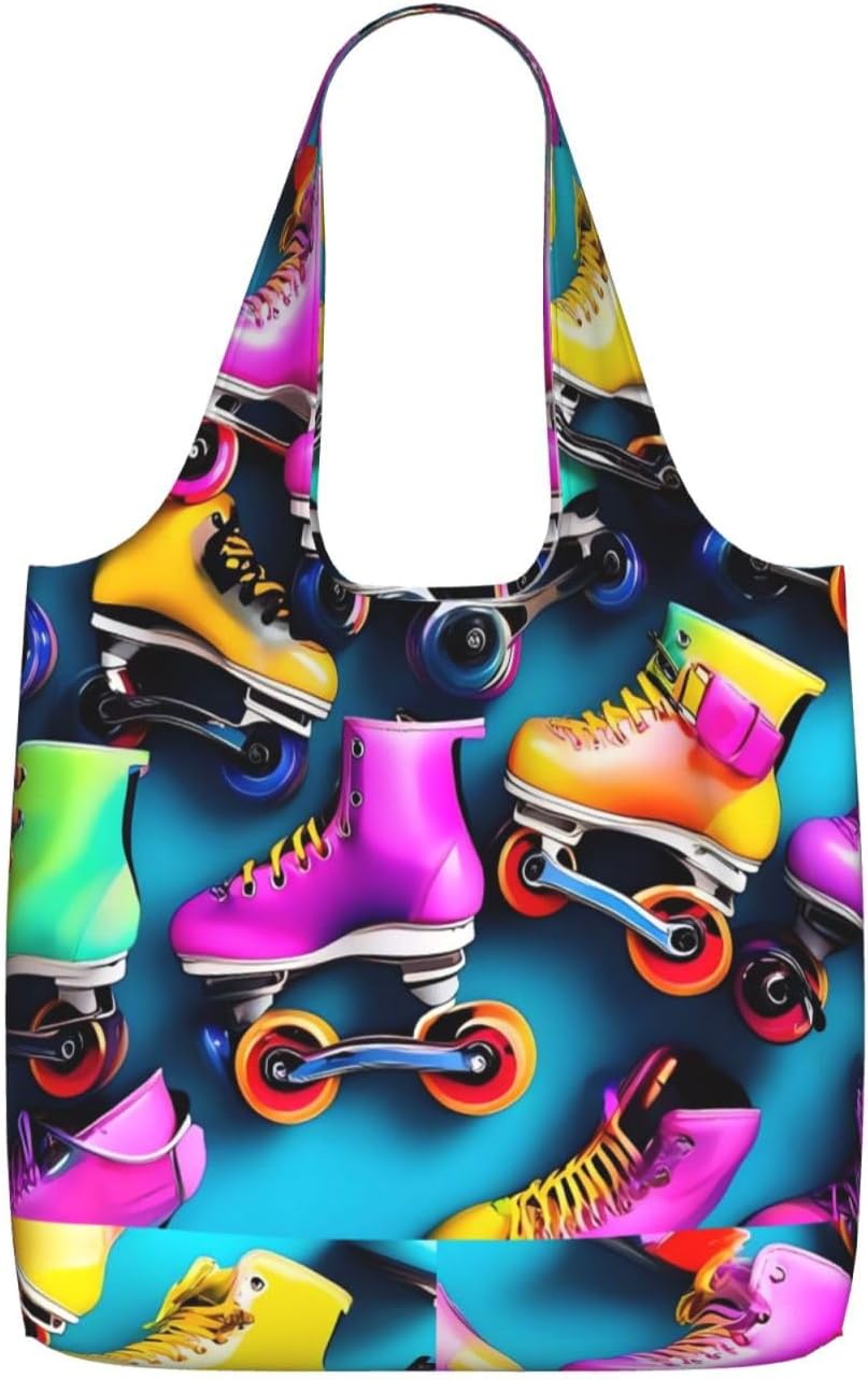 Reusable Shopping Bags Lightweight Foldable Grocery Bags In Pocket,Washable Large Tote Bags Colorful Roller Skates Travel Shoulder Bag Gifts For Women Men