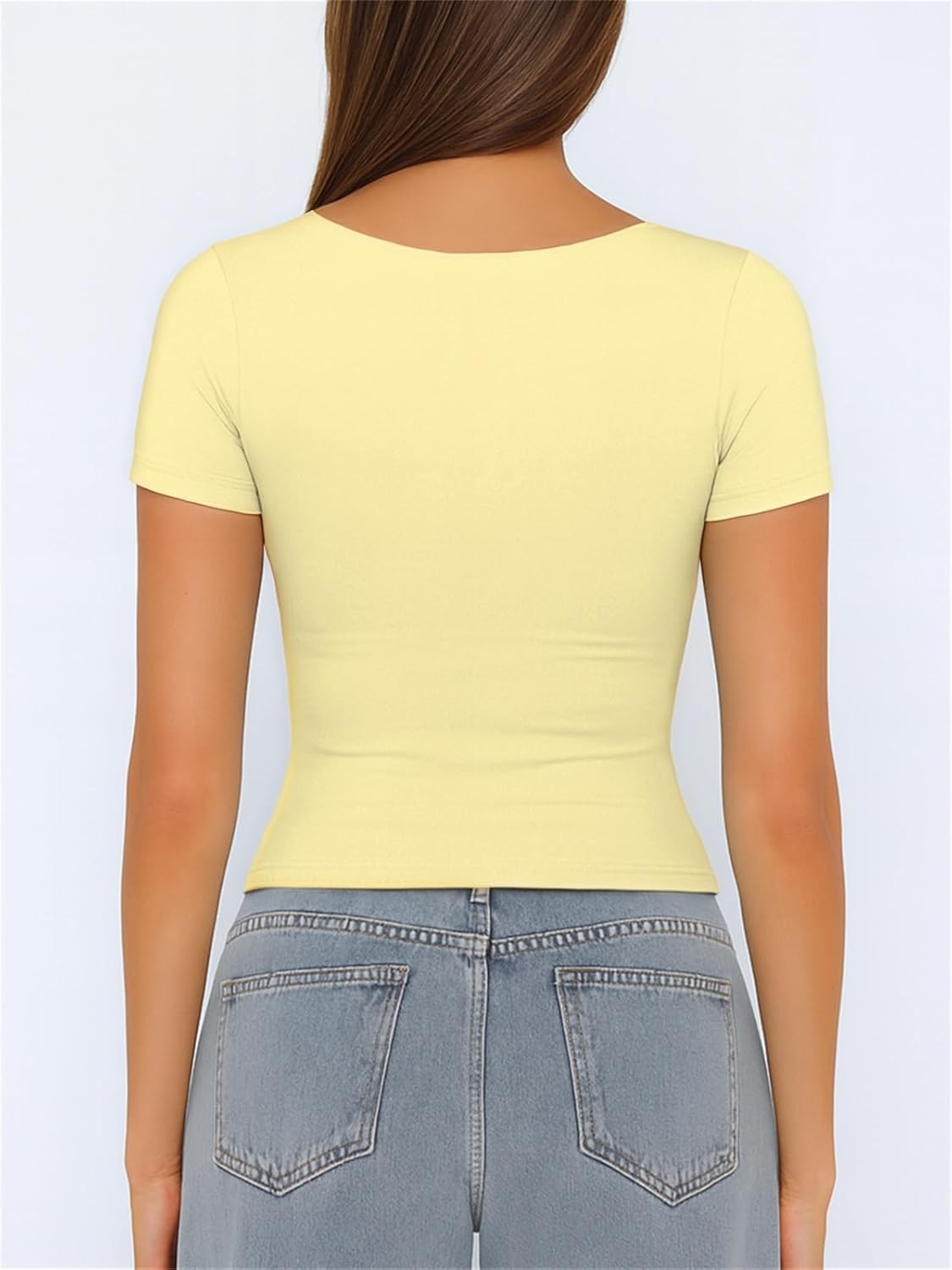 ForeFair Women's Square Neck Going Out Tops Double Lined Short Sleeve Basic Tight Tee Shirts - Image 4