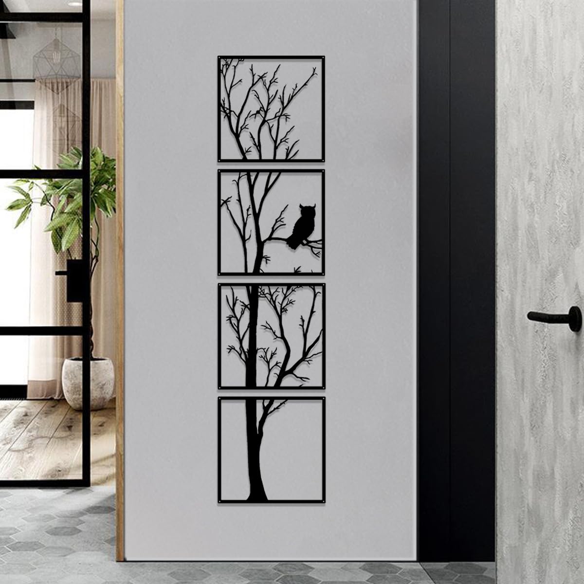 Luccyle Metal Family Tree Wall Art Decor,4 pannelli,3D scultura in metallo,Decorazione da parete in metallo per soggiorno, camera da letto e casa, regalo (15.7in×63in)