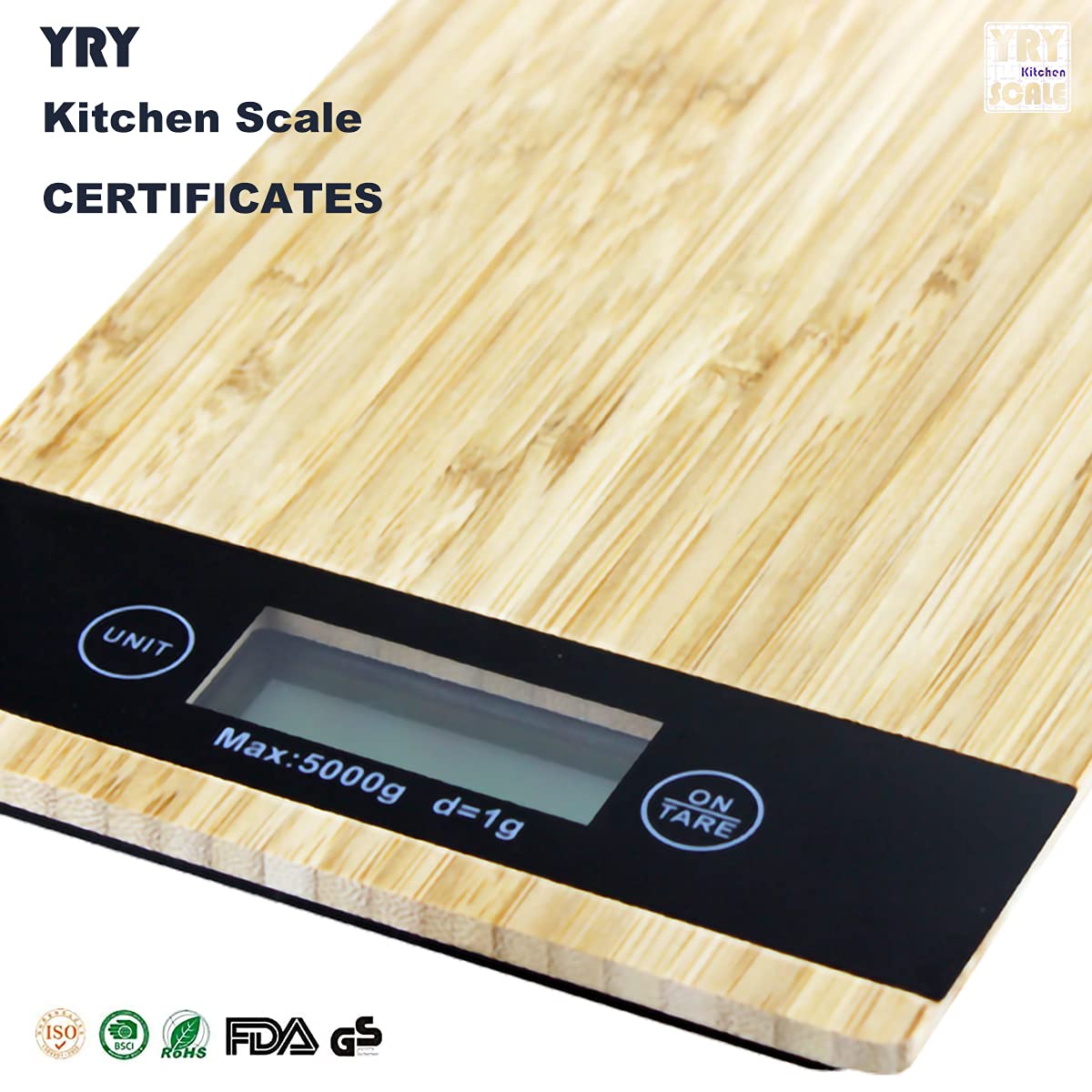 YRY Organical Bamboo Kitchen Scale - 11 lbs Capacity, 0.1 oz Precision, LCD Display, Tare Function, ML Unit - Cooking and Baking Food Scale (Yellow Bamboo 5kg/1g)