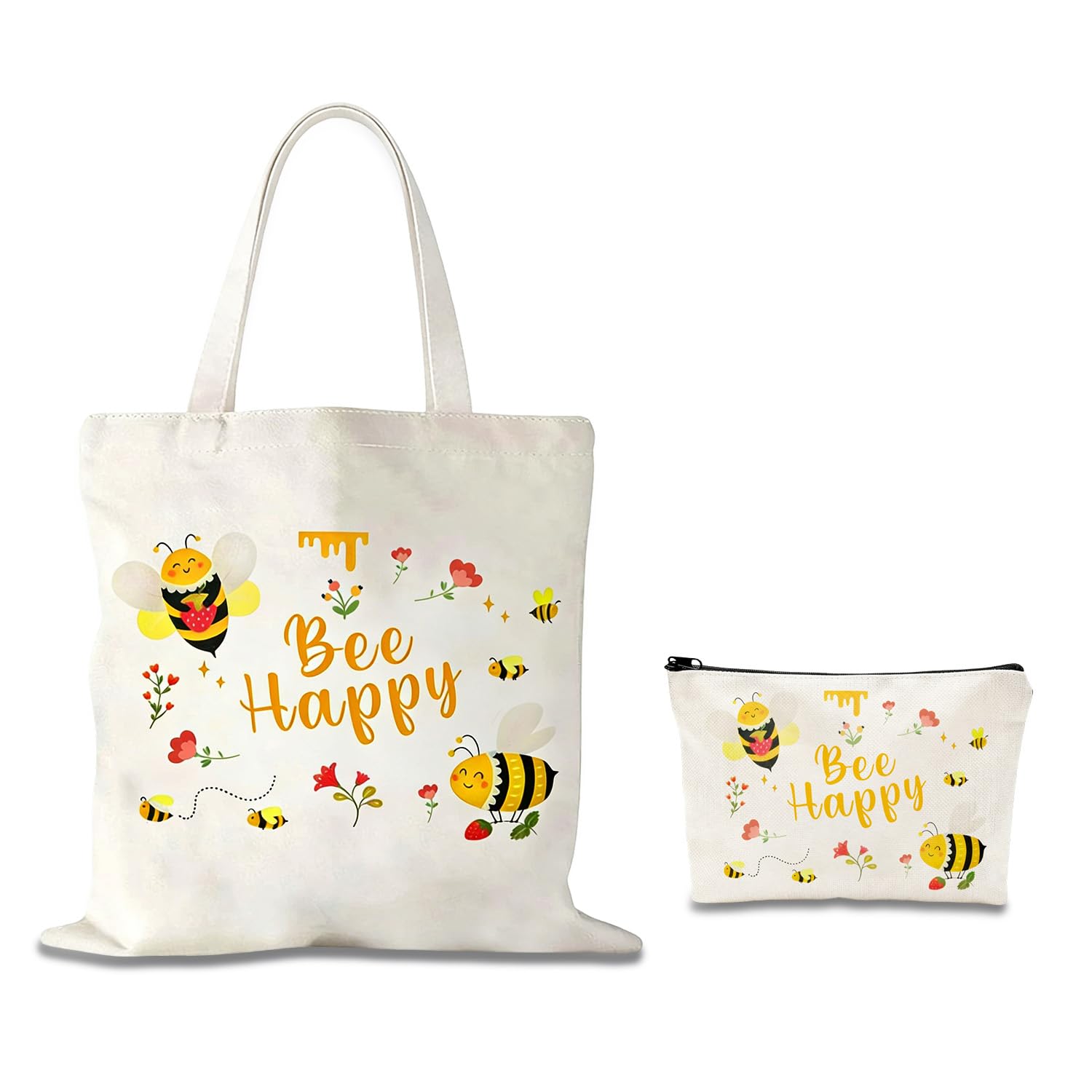 Bee Gifts for Women, Bee Happy Canvas Tote Bag and Makeup Bag Set, Reusable Shopping Bag with Cosmetic Bag, Cute Animal Gift Set, Birthday Gifts for Women Mum Friend