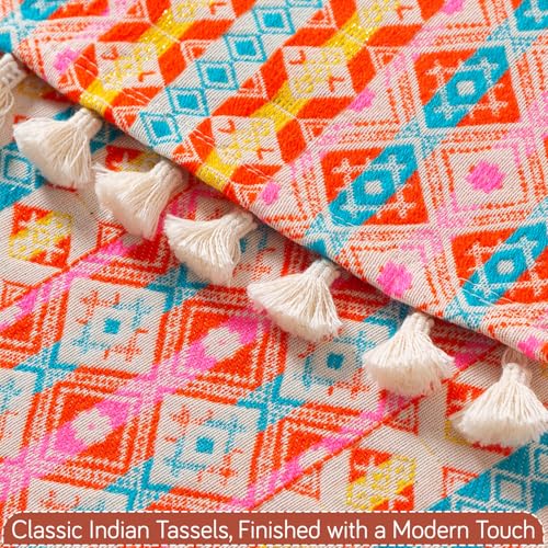 Image of HOKIPO L Shape (3+3 Seater) Sofa Cover Seat Mat | 300 GSM Cotton Acrylic Jacquard Fabric with Tassel, 'Trivana Series' Coral Orange (IN-936-J2*2)