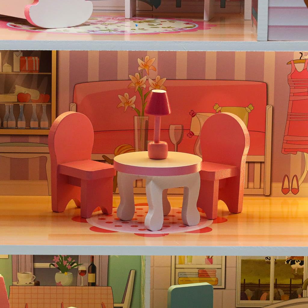 Casa delle Bambole in Legno con Giardino, LED - Rosa - Grande 70 x 61 x 51 cm