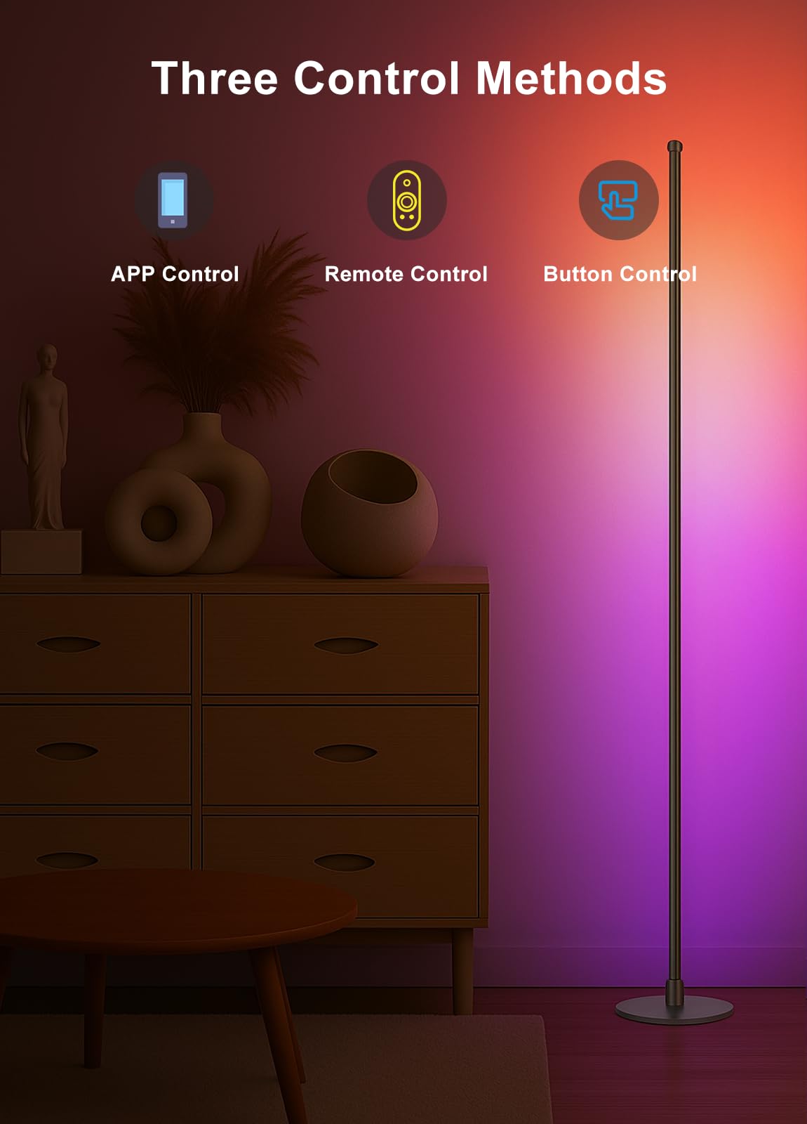 Lámpara de pie de esquina, lámpara de esquina LED inteligente RGBICW con aplicación y control remoto, 16 millones de colores de bricolaje, sincronización de música, lámpara de pie LED moderna 7