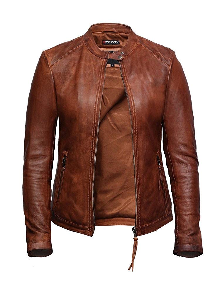 BRANDSLOCKWomen's Leather Biker Jacket Waxed Lambskin Leather