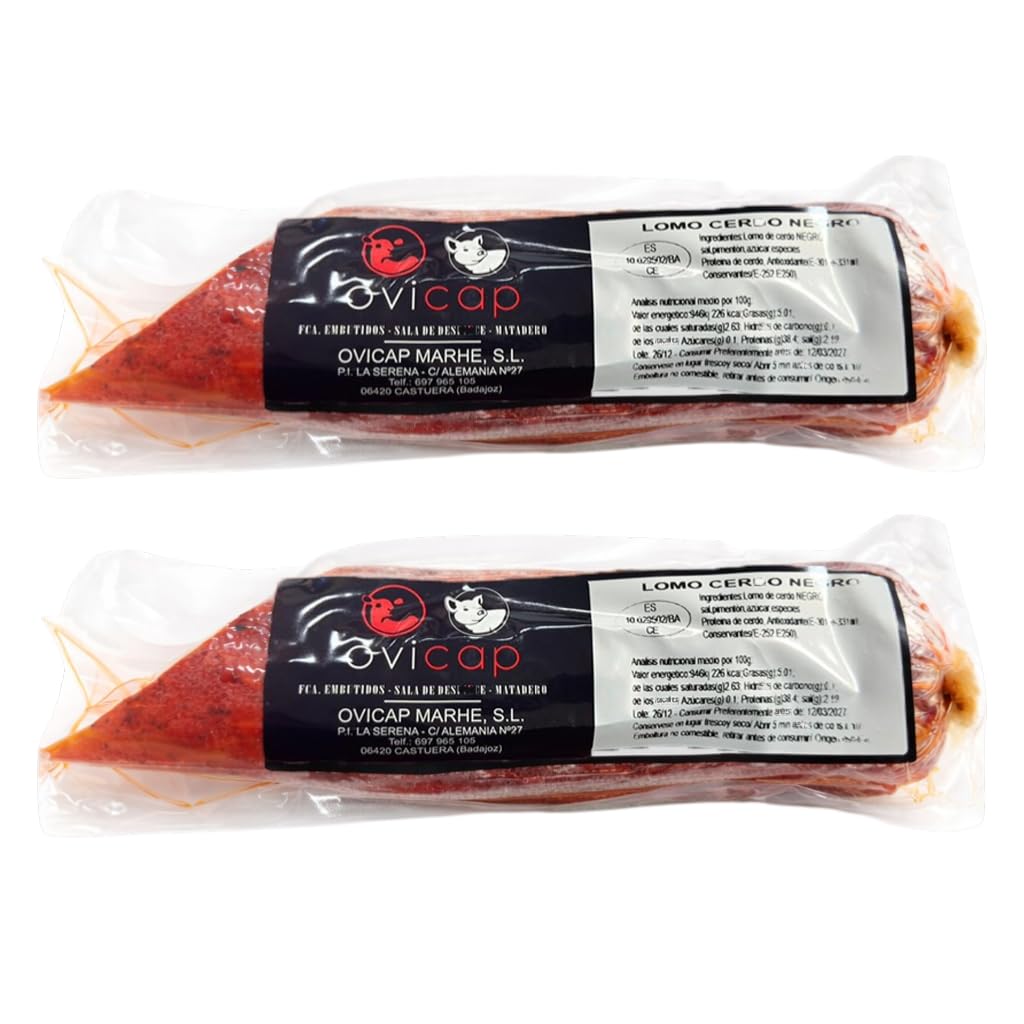 PACK 2 - OVICAP Lomo de Cerdo Negro Curado 1k Aprox. | Embutido Gourmet Artesanal | Curación Lenta Tradicional | Producto de Extremadura | Ideal para Tapas y Aperitivos