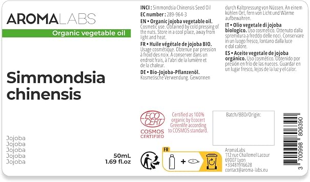 ORGANIC - JOJOBA Oil - 50mL - 100% Pure, Natural, Cold Pressed and Cosmos Certified - AROMA LABS (French Brand)
