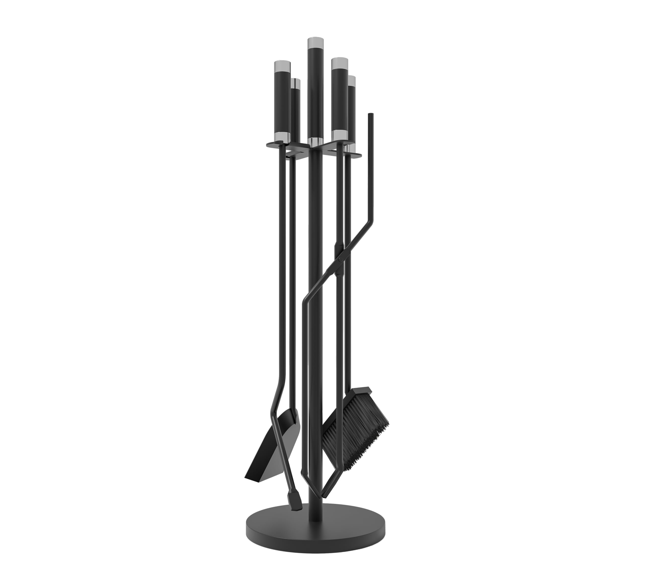 Kingson Set di 5 accessori per caminetto – Ferro rivestito in polvere nero con manici in acciaio inossidabile – Include spazzola, paletta, attizzatoio, pinze e supporto pesante – Set di strumenti per