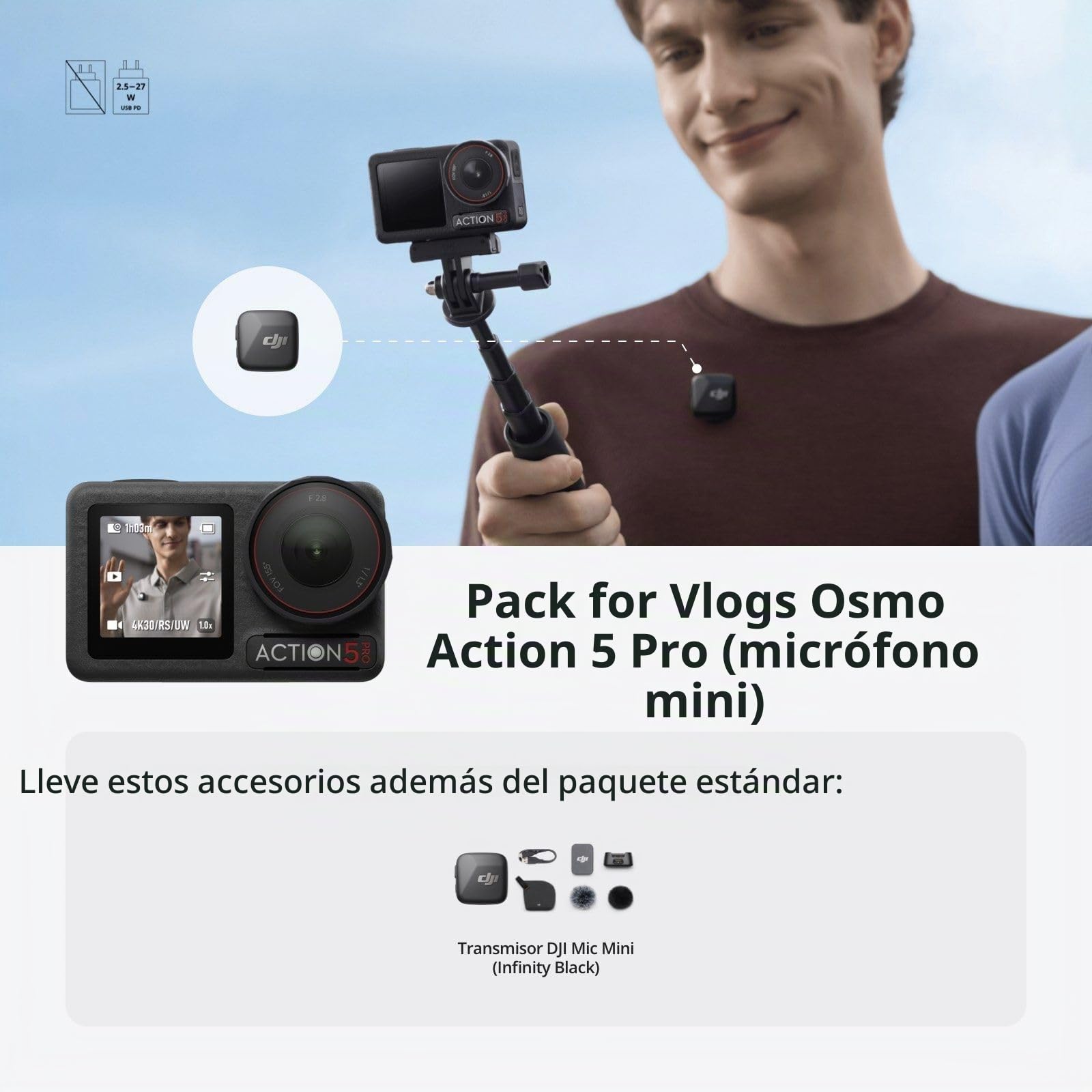 DJI Pack para Vlogs Osmo Action 5 Pro (Mic Mini), cámara de acción 4K para Vlogs, con transmisor Mic Mini, minicámara de acción con Sensor 1/1.3", 4 h de batería, 2 Pantallas táctiles OLED