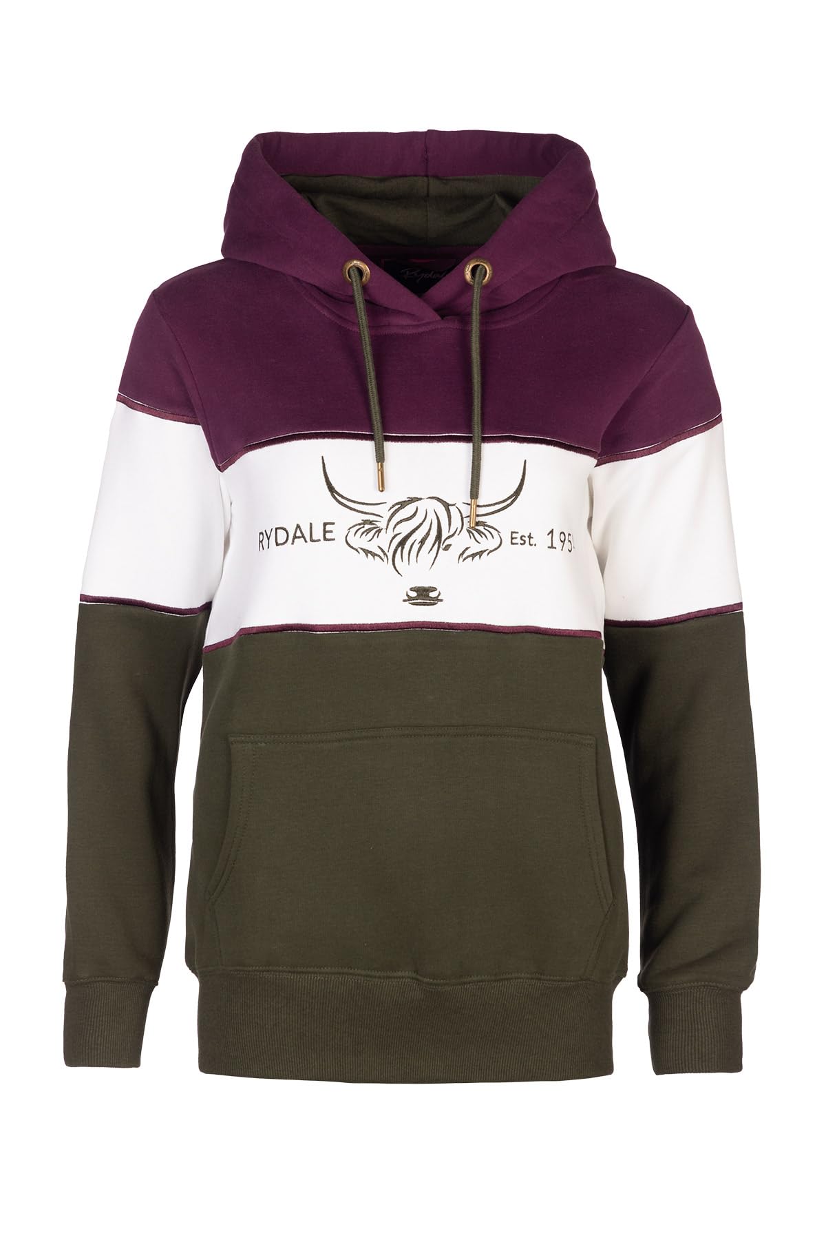 Rydale Women's Cow Berry/White/Olive Overhead Country Hoody Highland Cow Embroidery Jumper (Uk, Numeric, 16, Regular, Regular, )
