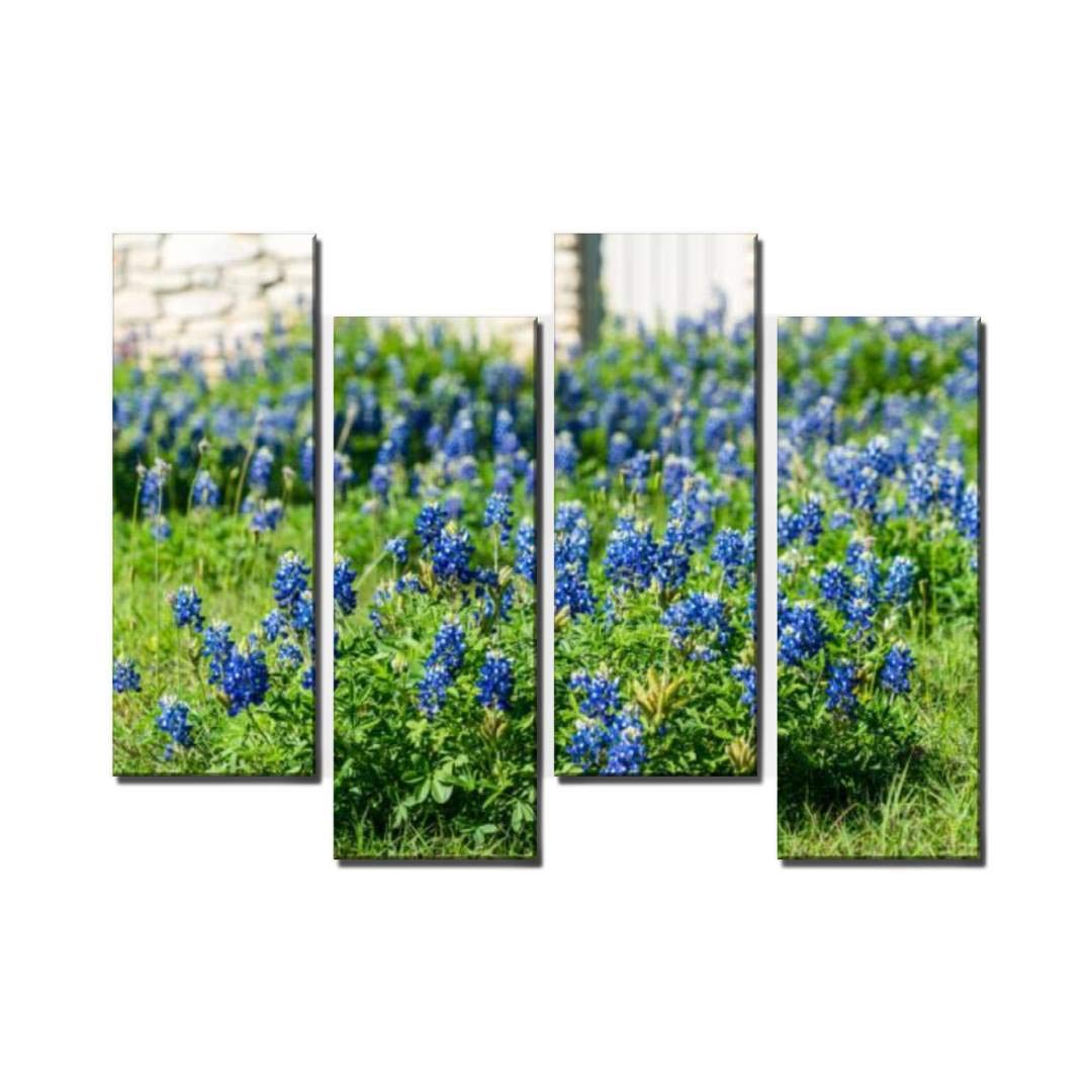Wocatton Spring time Bluebonnets Patch in Front of Brick Wall Wall Art Background Decor Pictures Print On Canvas Art Stretched and Framed Perfect Home Decoration