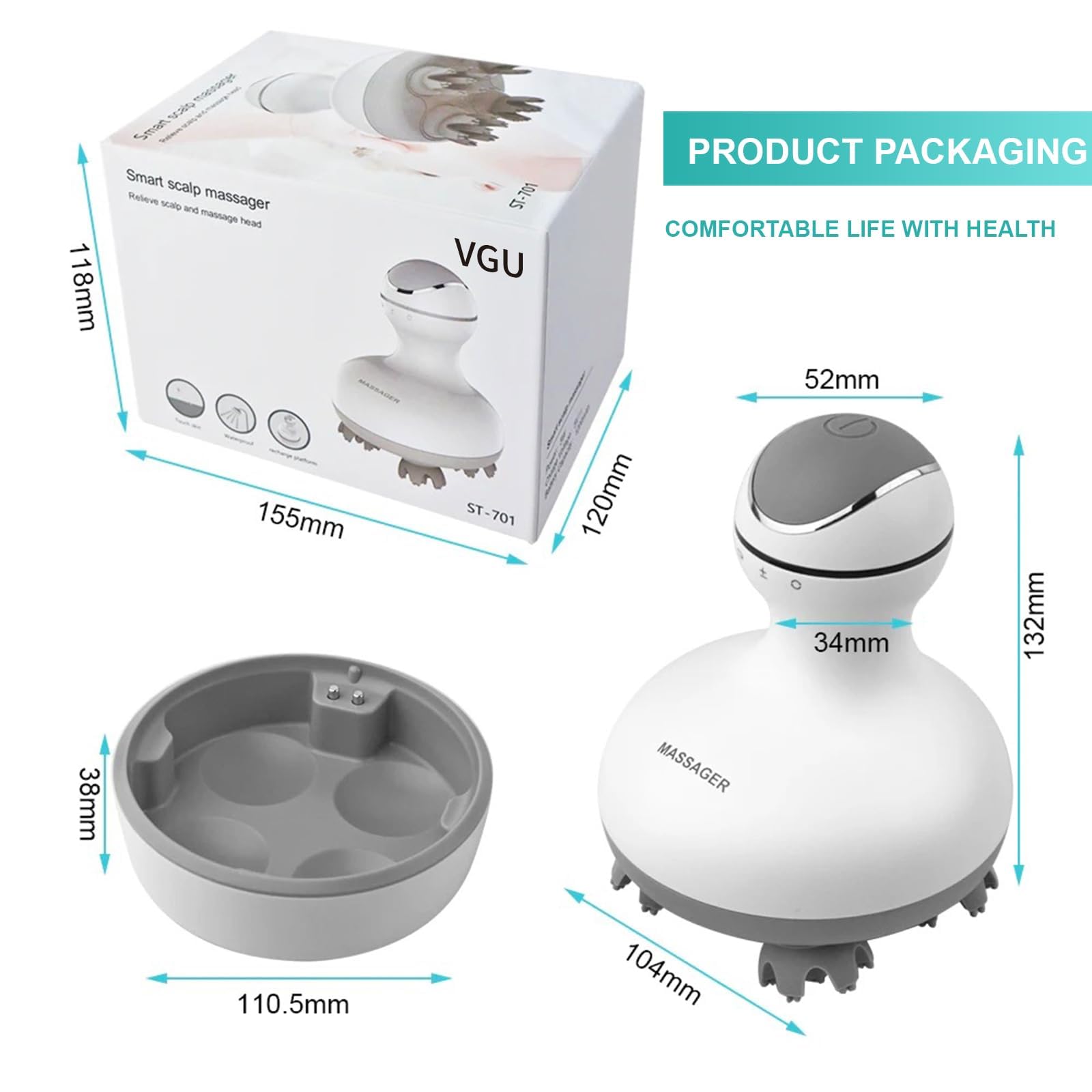 VGU Massaggiatore per cuoio capelluto, impermeabile, portatile, ricaricabile, con design multi-nodo per rilassamento profondo e crescita dei capelli