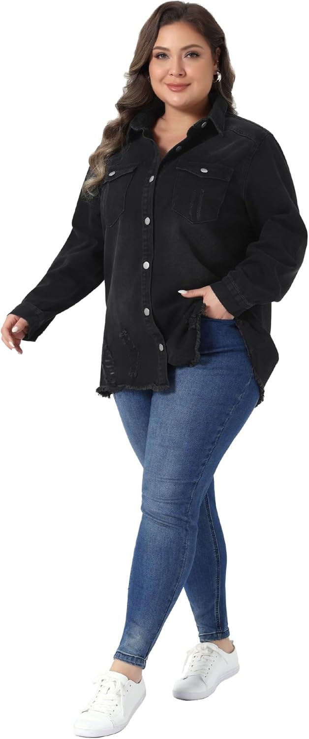 Agnes Orinda Women's Plus Size Denim Shirts Casual Long Sleeve Button Down Long Distressed Denim Jacket - Image 3
