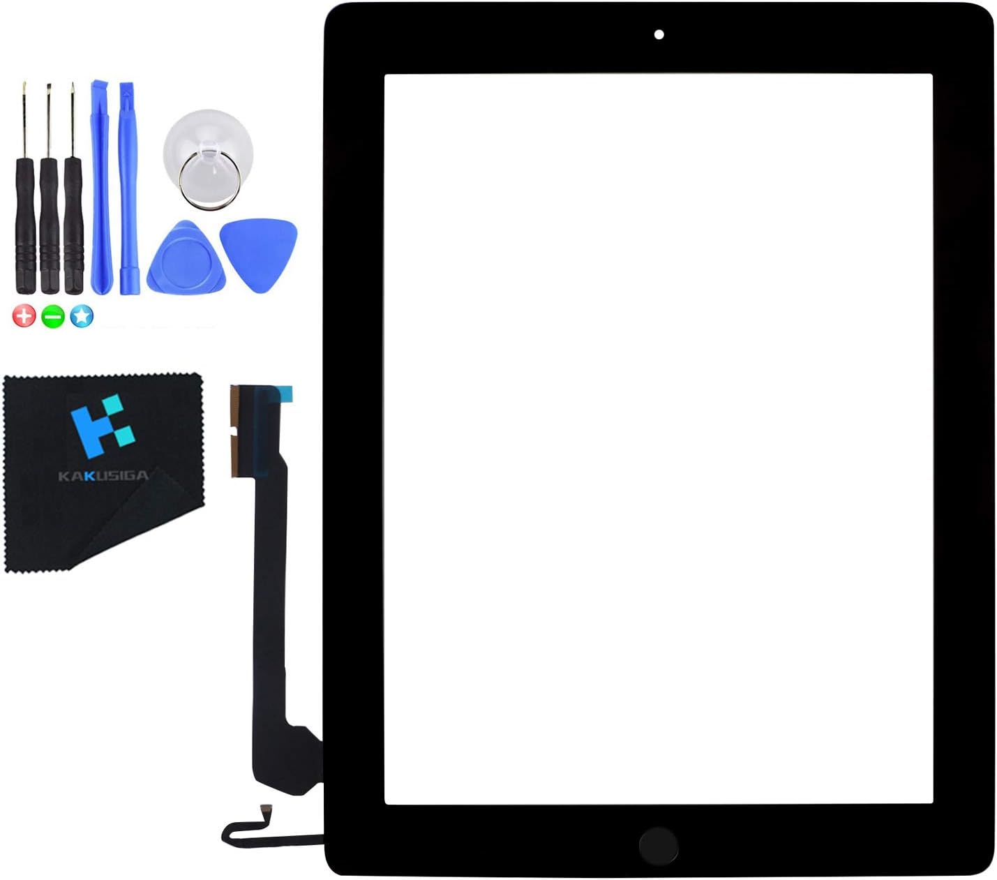 KAKUSIGA Compatible for ipad 4th Generation Touch Screen Glass Digitizer Replacement, Home Button Flex, Adhesive Tape, Repair Tools kit (Black)