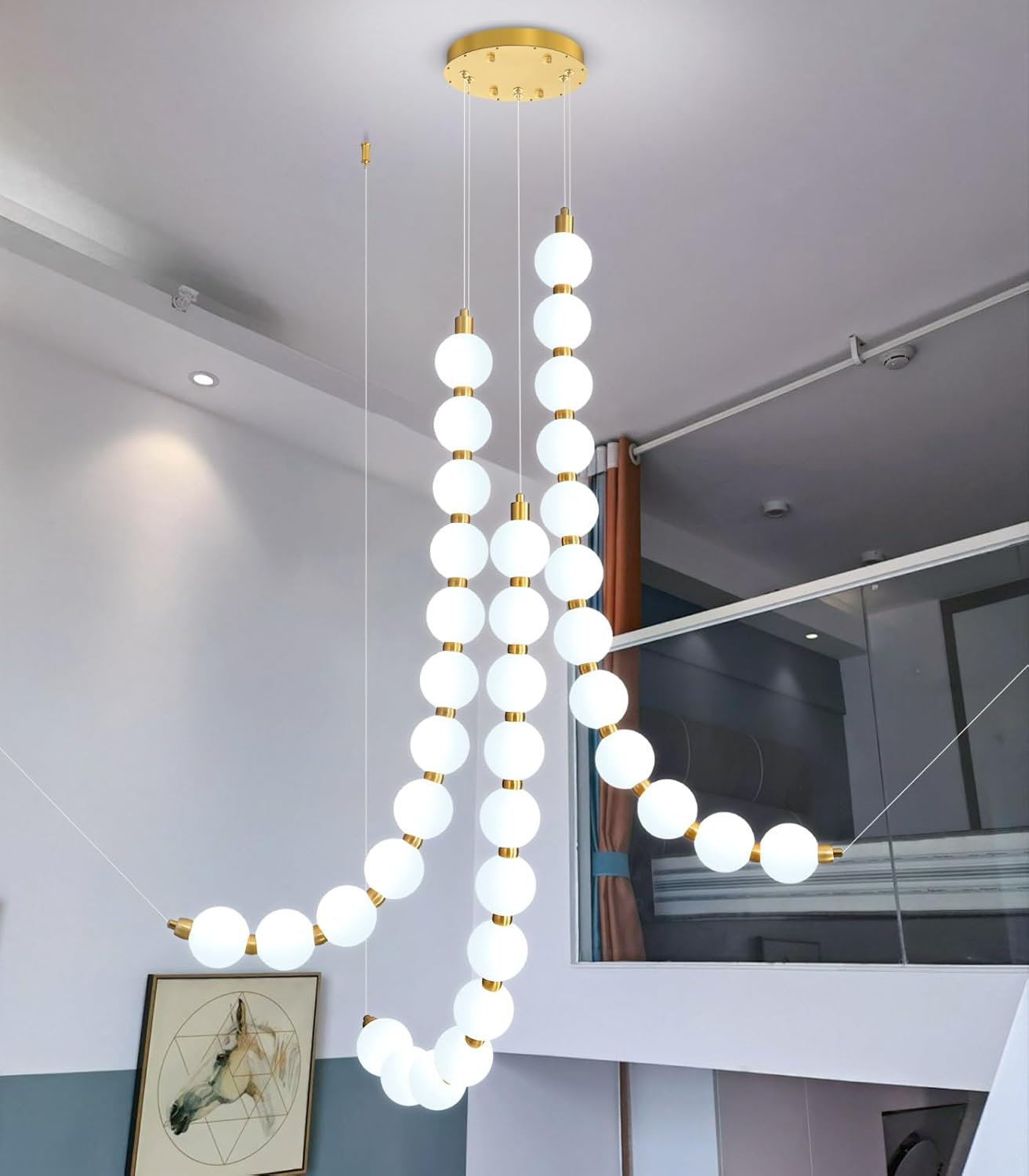 Modern Globe Chandelier White Acrylic Balls Pendant Lights for Living Room Pearl Necklace Ceiling Light Dimmable 70W LED Chandeliers for Dining Room Foyer Gold