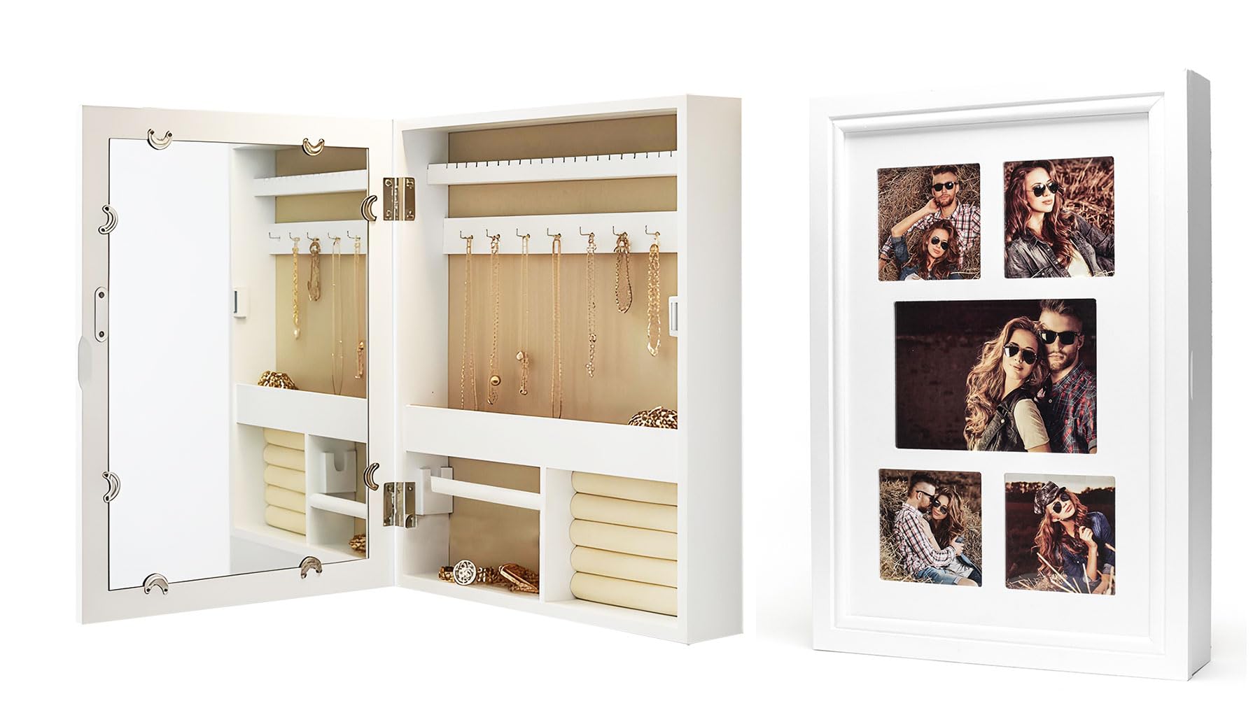 Schmuckschrank Weiß H45cm Bilderrahmen 5 Fotos MDF Holz Schmuckkasten Spiegel Wanddeko Spiegelschrank Schmuckaufbewahrung Organizer Ketten Ringe Ohrringe