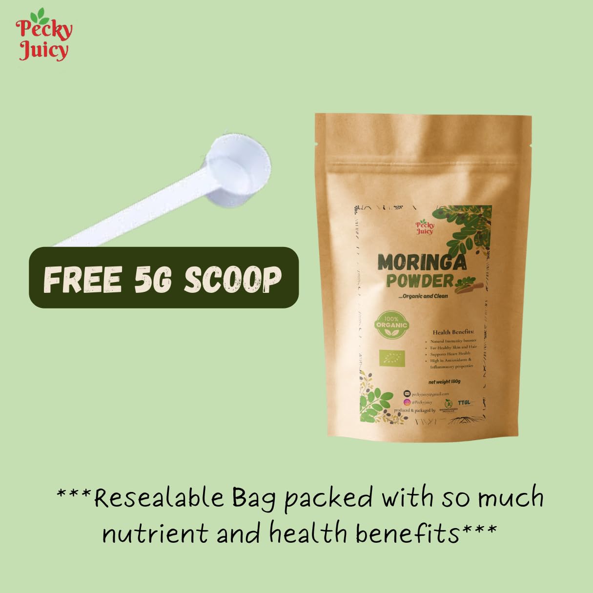 100% Pure Moringa Powder 180g with FREE 5g Scoop by Pecky Juicy, Pure Botanical Powder for DIY Beauty Wellness - Image 2