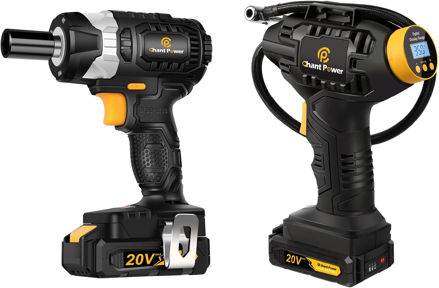 C P CHANTPOWER 20V Brushless Impact Wrench & 20V Cordless Tire Inflator