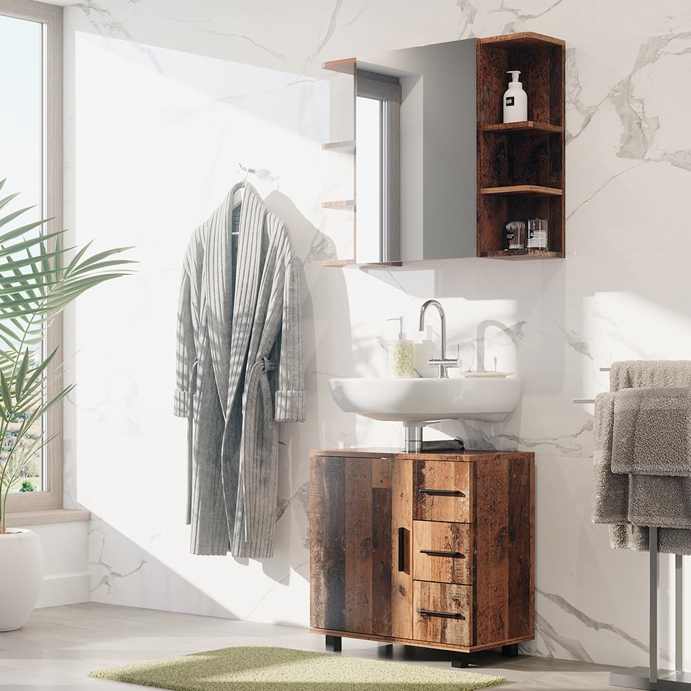 Vicco Set di mobili da bagno Ilias, Rovere rustico, 60 cm, composto da specchio da bagno e mobile sottolavabo