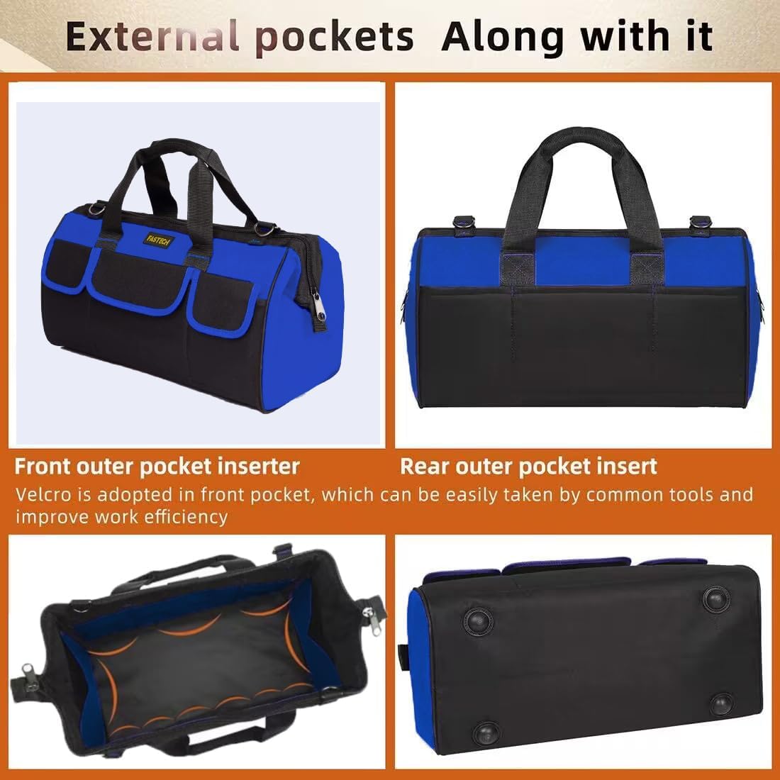 FASTECH 20 Inch Heavy Duty Tool Bag with Wide Mouth for Tool Storage,Carrier and Organizer,Tool Bag for Men/Women, Wide Mouth Tool Bag with Inside Pockets (20 Inch) - Image 2