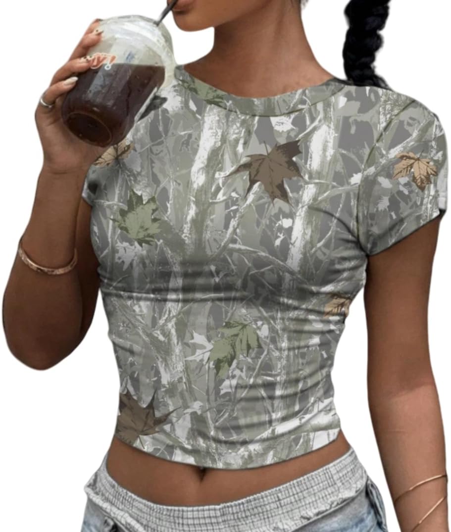 QJQ Women's Y2k Camo Crop Tops Short Sleeve Crewneck Maple Leaf Print Slim Fit T Shirts Grunge Going Out Top