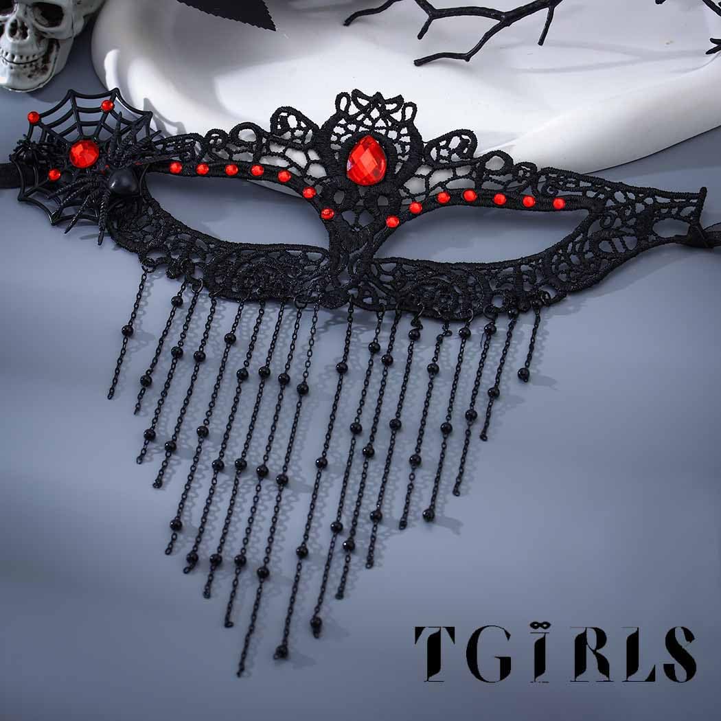 Tgirls Rhinestone Masquerade Mask Tassel Beaded Masquerade Lace Masks Crystal Face Mask Costume Party Eye Mask (Black)