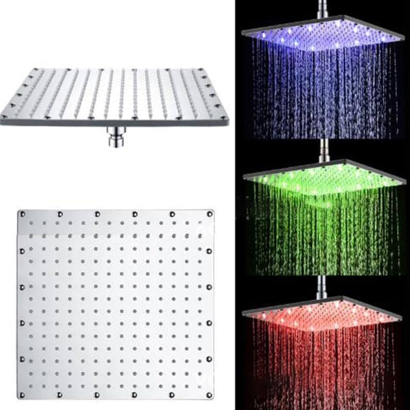 Pommeau de douche carré laiton avec changement couleur température eau