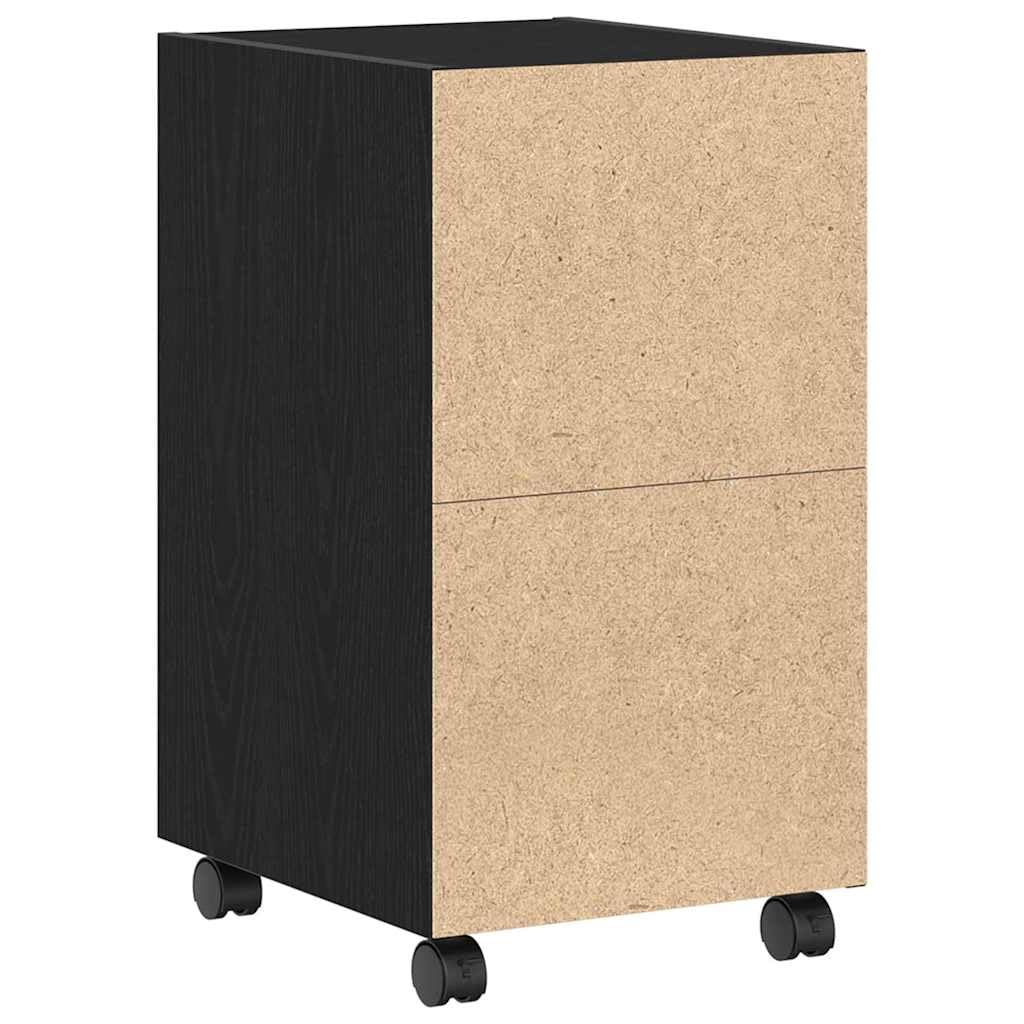 Rollcontainer Schwarz Eichen-Optik, mobiler Büroschrank auf Rollen, Beistellschrank mit 2 Fächern für Unterlagen und Drucker, Wagen-Seitenschrank aus Holzwerkstoff, 33 x 38 x 60 cm