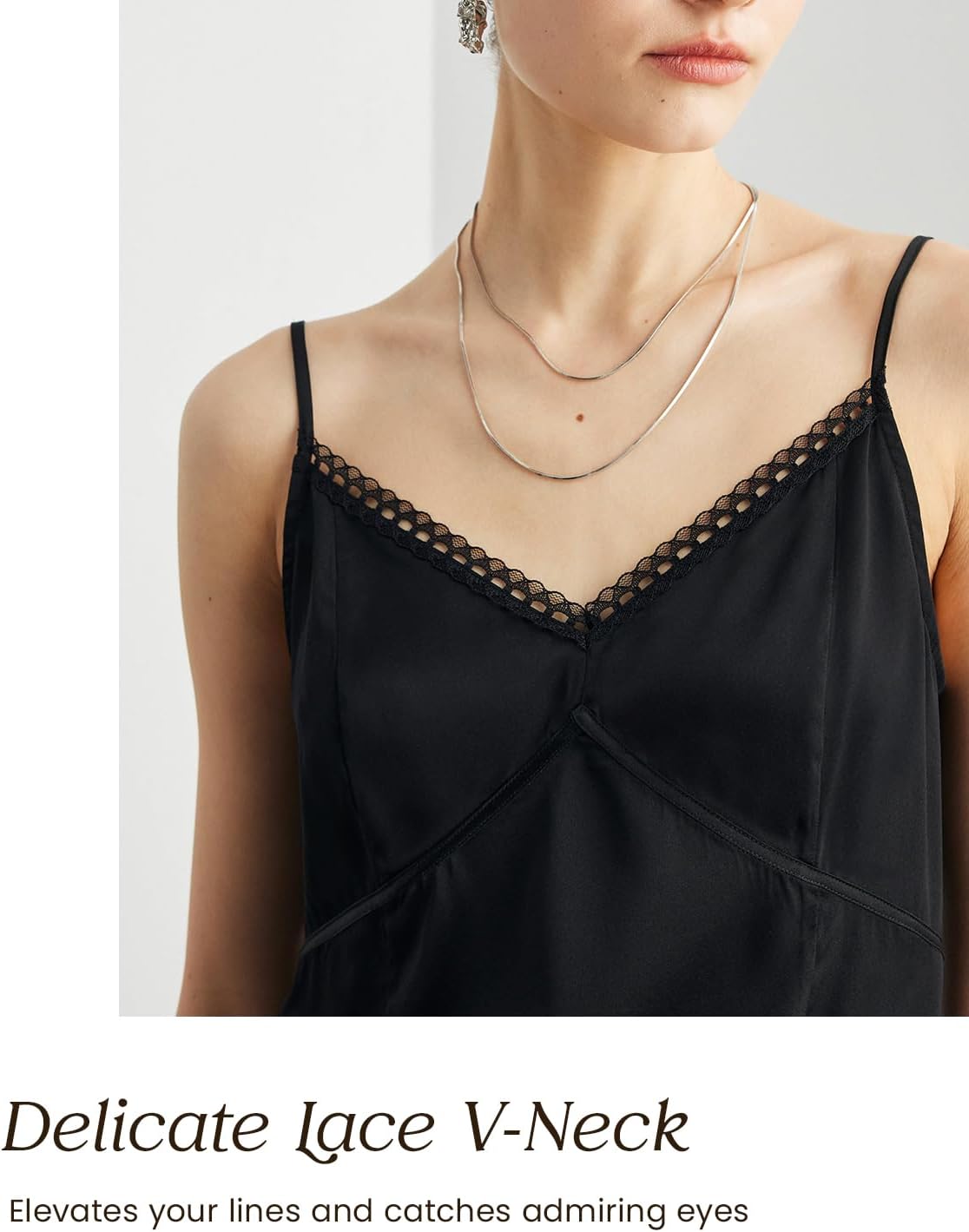 Womens 100% Mulberry Silk V-Neck Tank Top with Lace Trim, 22 Momme Silk, Adjustable Spaghetti Straps, Loose Fit Cami - Image 5