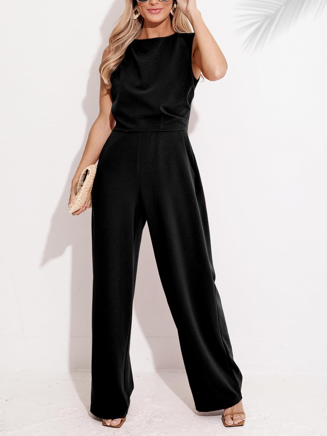 CUPSHE Summer Maxi Jumpsuit Round Neck Sleeveless Wide Leg One Piece Fall Outfit Pockets Fitted Overall Casual Maxi Romper - Image 2