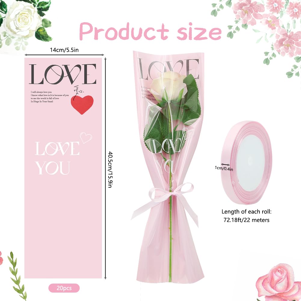 Single Rose Sleeve,Single Bouquet Packaging Bags with 1 Roll Pink Edge Ribbon Plastic Pink with LOVE Printed Flower Bags for Wedding Anniversary Valentine's Day Mother's Day 15.7x5.5 inch - Image 2