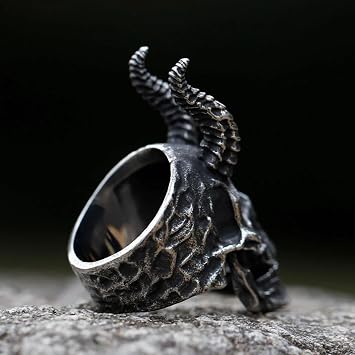 BEDT New Men's Rings Satanic Skull Horn Ring For Men Heavy Punk Goth Demon Jewelry Gifts