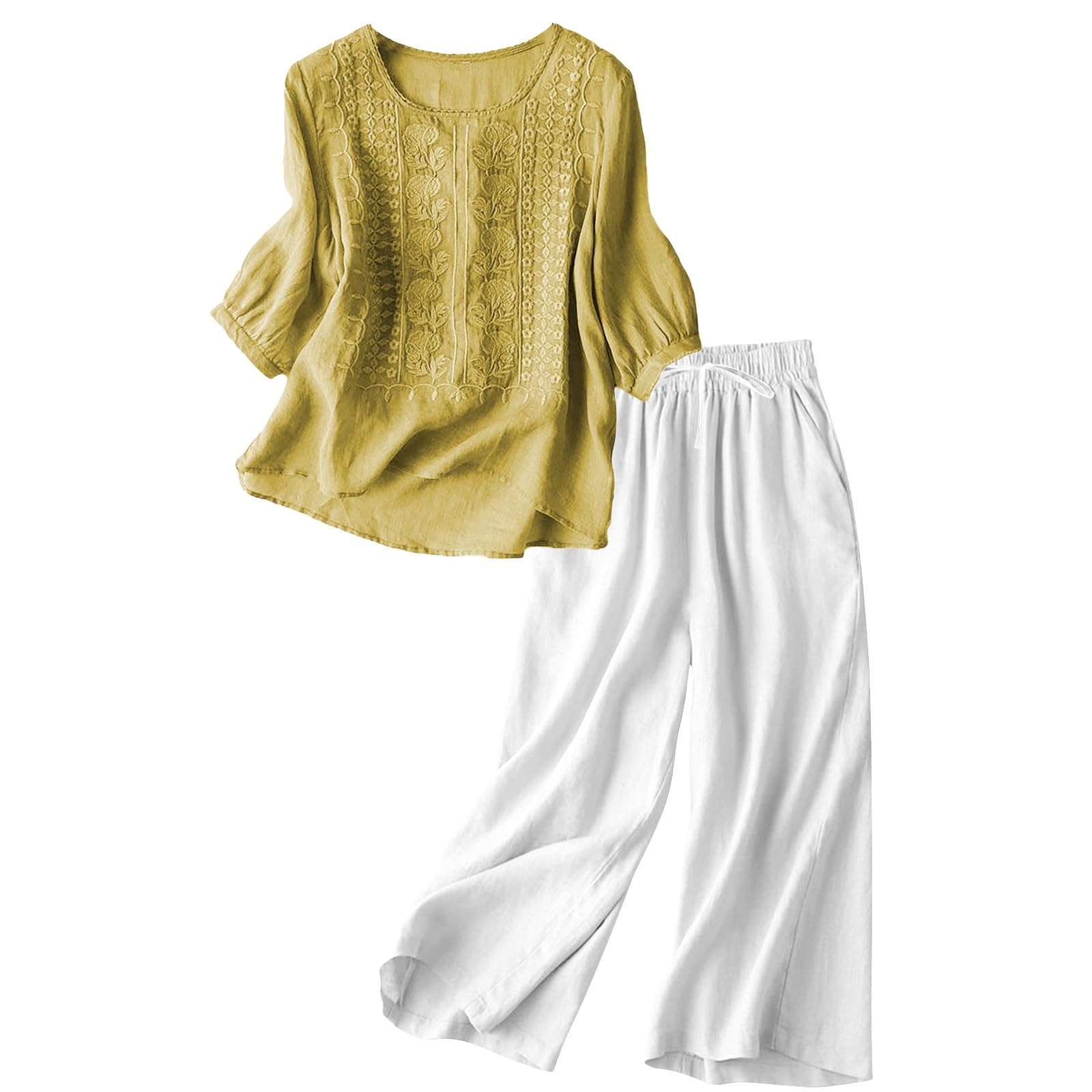 Set di pantaloni estivi da donna a gamba larga, vita alta, stile casual, in lino ricamato, elastico in vita, tasche laterali, tinta unita, lunghi, per il tempo libero, due pezzi, per viaggi e