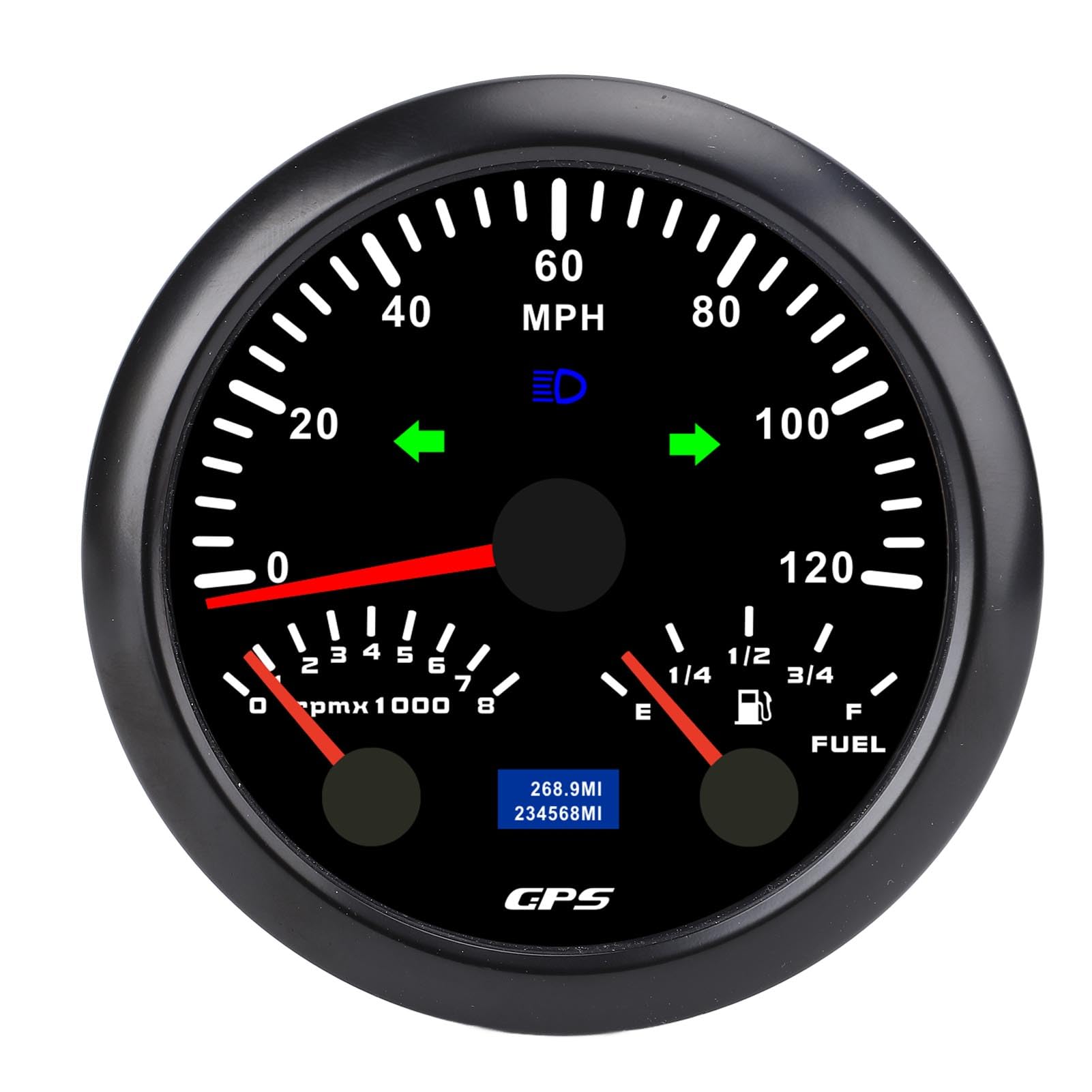 Keenso Prędkościomierz GPS 3 w 1, Obrotomierz Wskaźnik Poziomu Paliwa 7 Kolorów Podświetlenia 120 MPH 8000 Obr./min, z Kierunkowskazem dla RV Yacht Ciężarówka Samochód Morski (Czarna tarcza, czarna