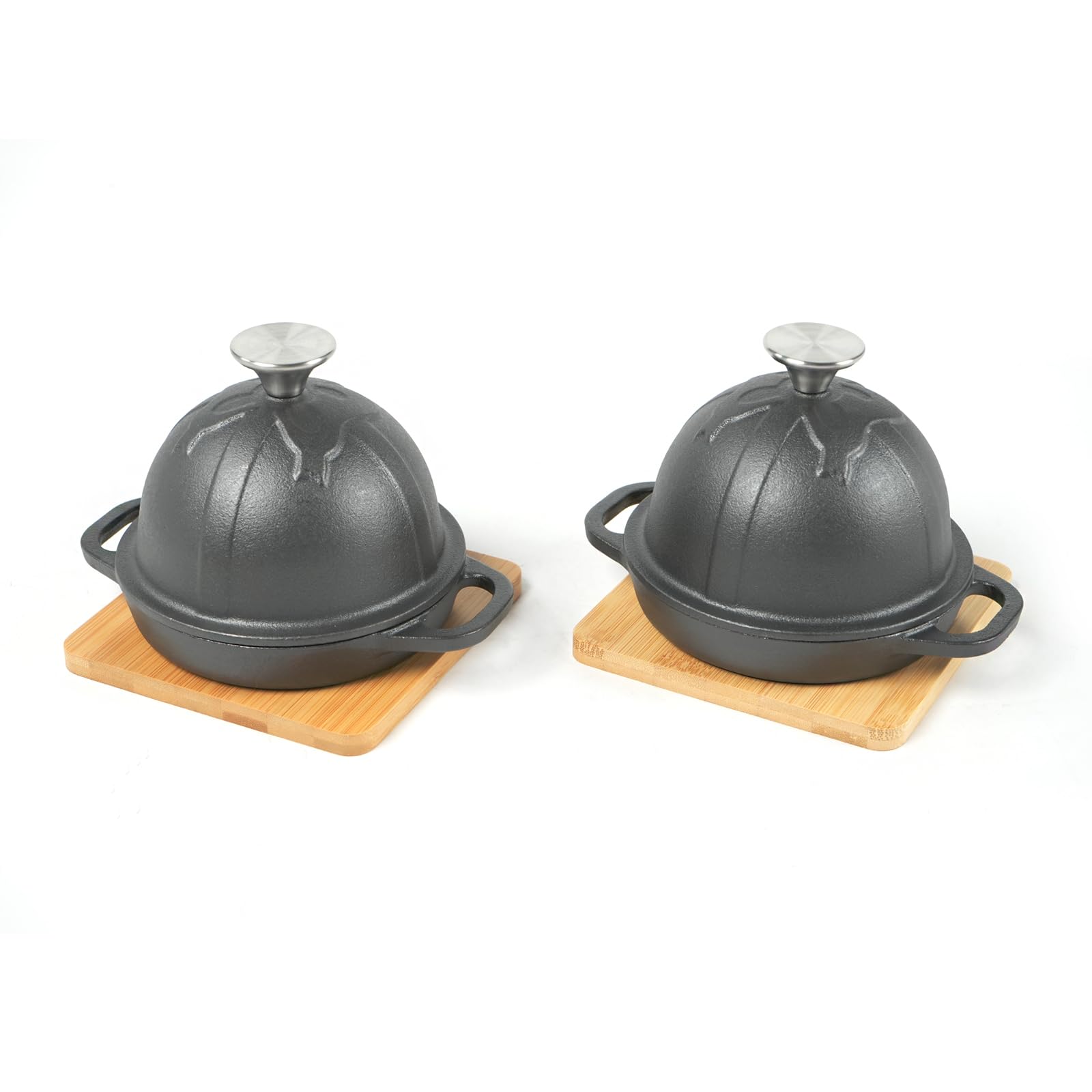 HAWOK Pre-Seasoned Cast Iron Garlic Roaster with Bamboo Tray, 5-Inch，BBQ Grill Garlic Baker, Mini Cocotte, Black, Set of 2