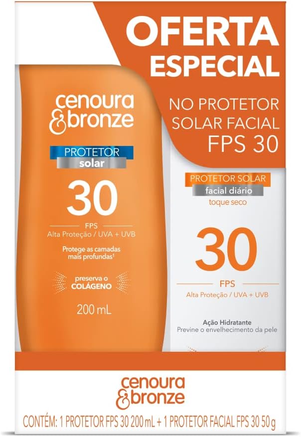 Cenoura e Bronze Kit Protetor Solar Corpo FPS 30 200ml + Facial FPS 30 50g, Cor: Branco Menor preço em Cenoura e Bronze Kit Protetor Solar Corpo FPS 30 200ml + Facial FPS 30 50g, Cor: Branco