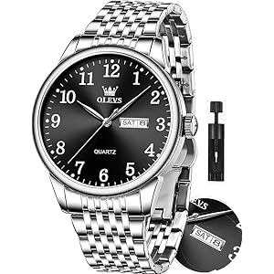 OLEVS Men’s Casual Stainless Steel Watch, Big Face Easy to Read Analog Quartz Watch with Day and Date, Classic Waterproof Arabic Numerals Dial Dress Watch for Men, Gold Silver Band
