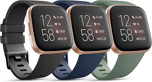Vista 10 de Paquete de 3 bandas de silicona suaves compatibles con Fitbit Versa 2 / Fitbit Versa / Fitbit Versa Lite, bandas deportivas ajustables para mujeres