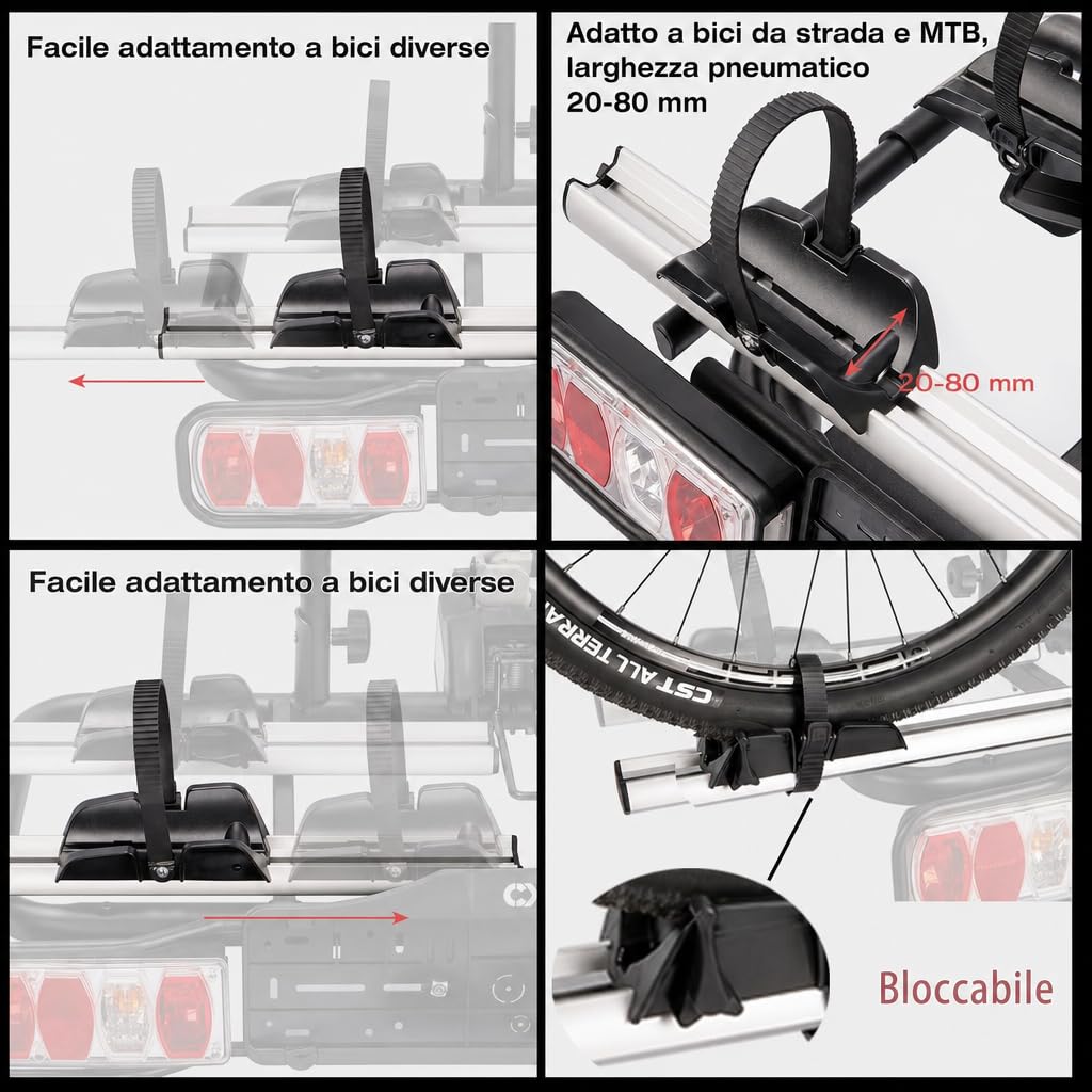 Portabici per gancio di traino, 2 biciclette, e-bike, 60 kg, gancio di traino con fanale posteriore e portatarga, richiudibile, supporto frizione per ebike