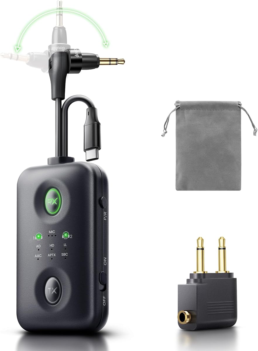 Unique Design Bluetooth 5.4 Transmitter Receiver with Qualcomm aptX Adaptive for Dual AirPods/Headphones, 3.5mm Aux Jack & USB C Bluetooth Adapter for Airplane/TV/PS5/Gym/Phone/Tablet/Car(for Flight)