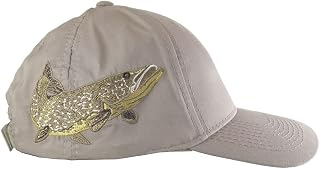 Custom Personalized Large Pike Fishing Embroidery on Adjustable Full Fit Taupe Baseball Cap Front Decor Selection Options for Side and Back