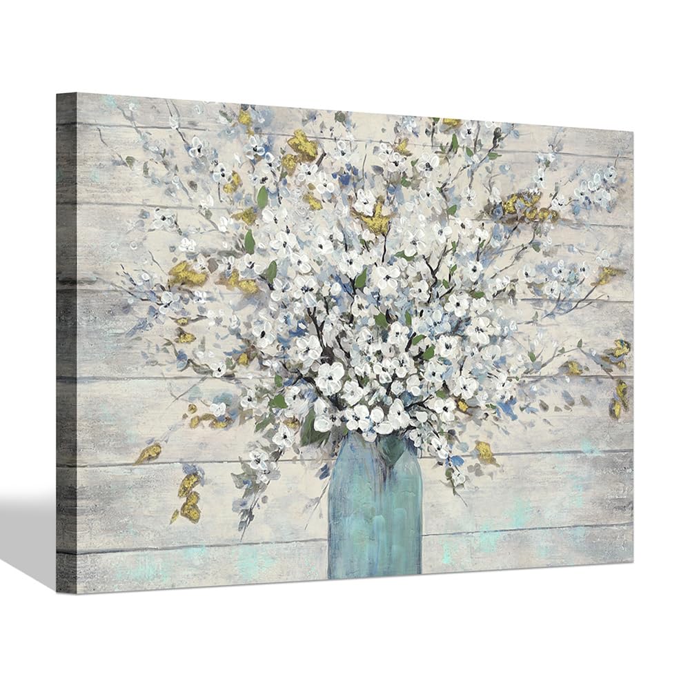 Flower Wall Art Canvas Painting: Abstract Floral Bouquet in Mason Jar Pictures Rustic Blossom Wildflower Print with Heavy Texture Vintage Botanical