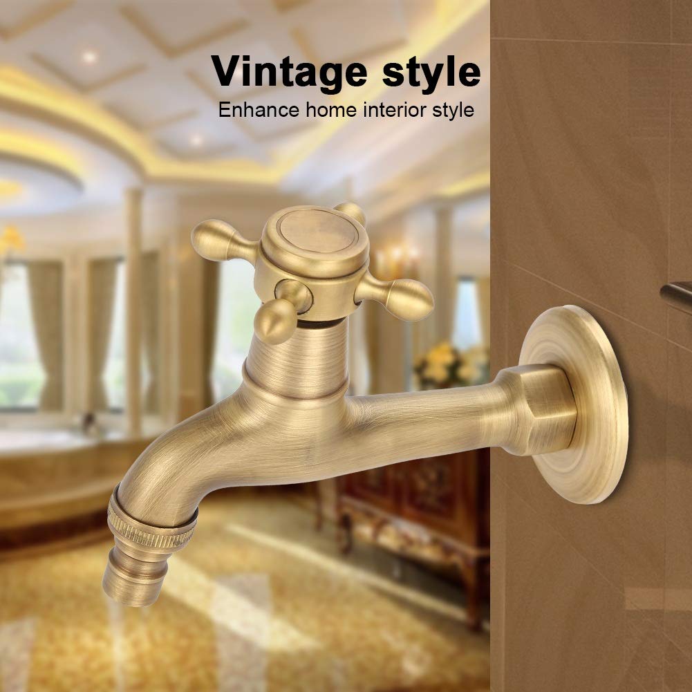 MAGT Grifo Vintage Latón, Grifo de Agua de Latón Vintage Mango Cruzado Único Adaptador de Grifo de Control de Agua Fría/Caliente Montado en Pared (Grifo de Agua Largo)