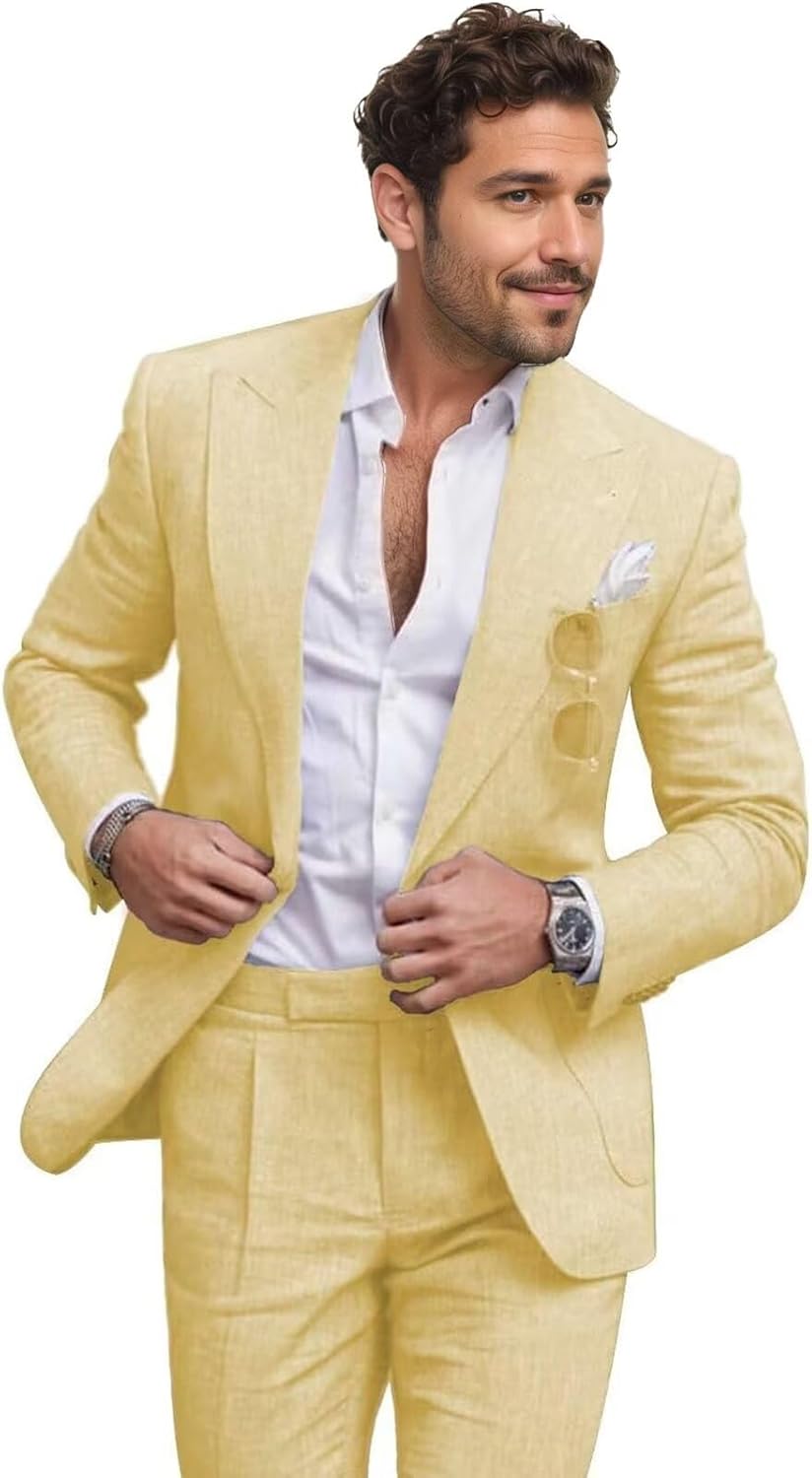 Mens Linen Suit for Wedding 2 Piece Slim Fit Casual Lightweight Linen Suits for Groosmen Retro Tuxedo Blazer Pant Set