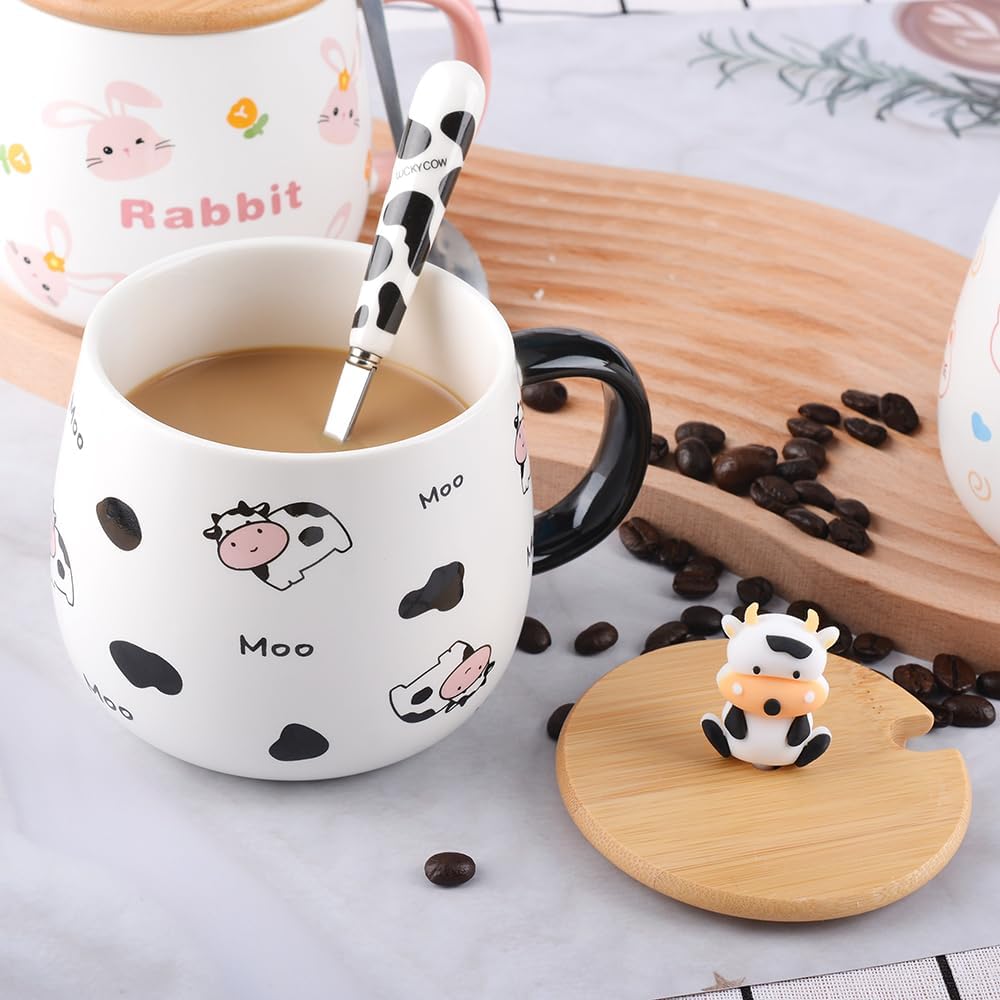 Cute Cow Mug Kawaii Animal Coffee Mug with Lid and Spoon, Highland-Cow Gifts Ceramic Tea Cup, Creative Cartoon Print Coffee Cup Stuff Gift for Women Office Personal Birthday Christmas 480ml - Image 2