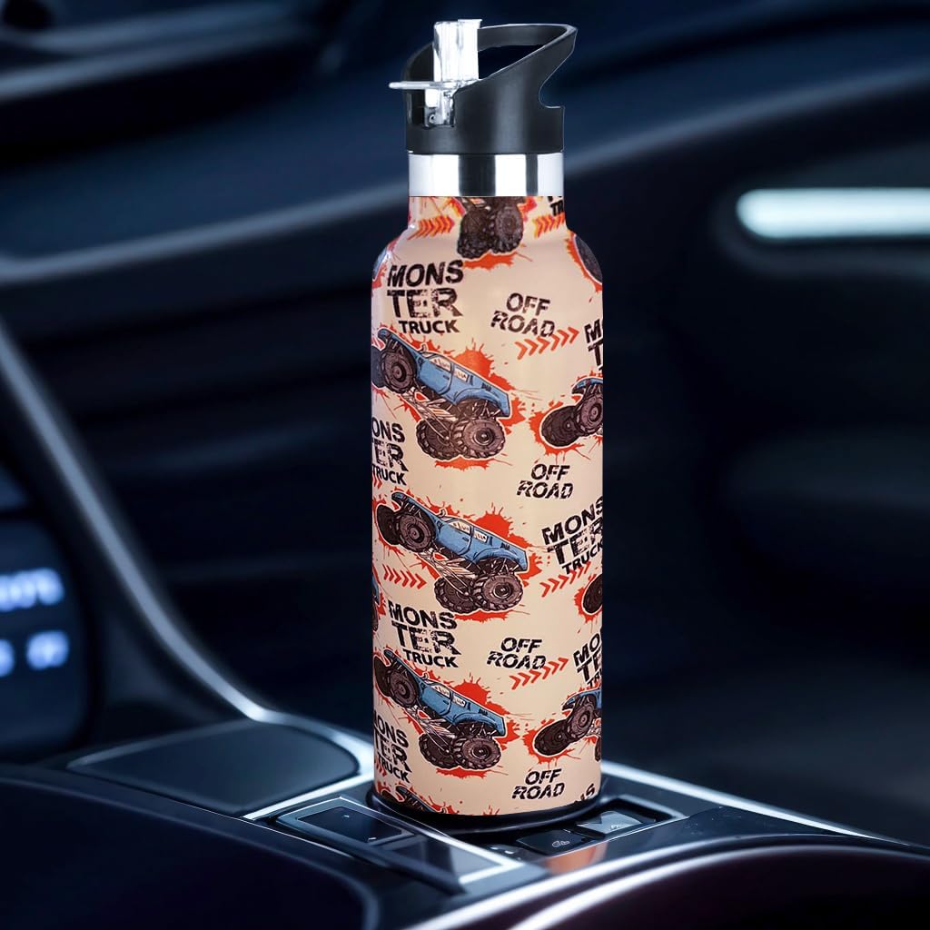 Kid Water Bottle,Monster Trucks Water Bottle with Straw Lid Insulated Stainless Steel Travel Mugs for Sport Gym Outdoor 20oz - Image 4