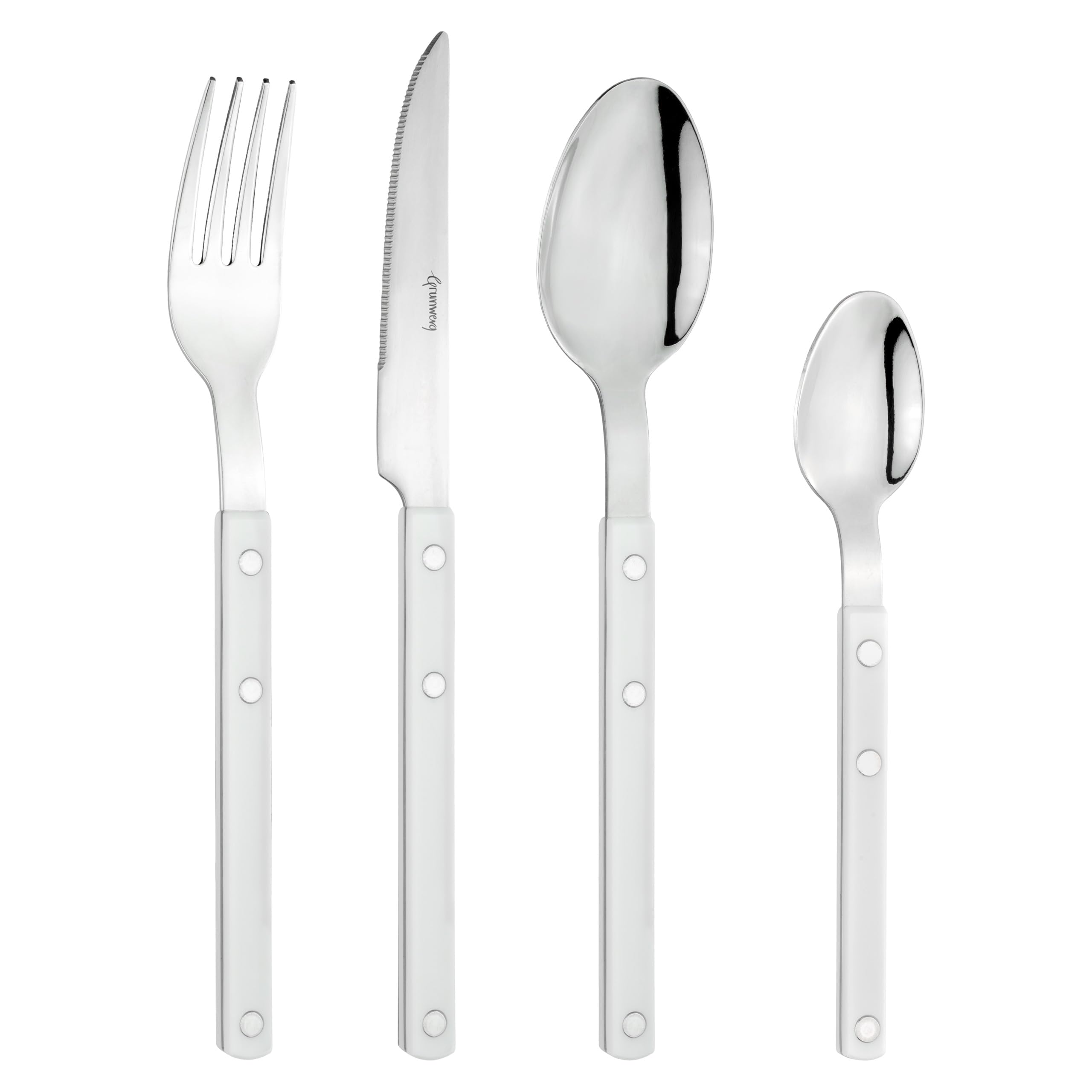 Grunwerg Cubiertos Bistro, Juego de 24 Piezas, Acero Inoxidable 18/0, Mango Blanco Remachado